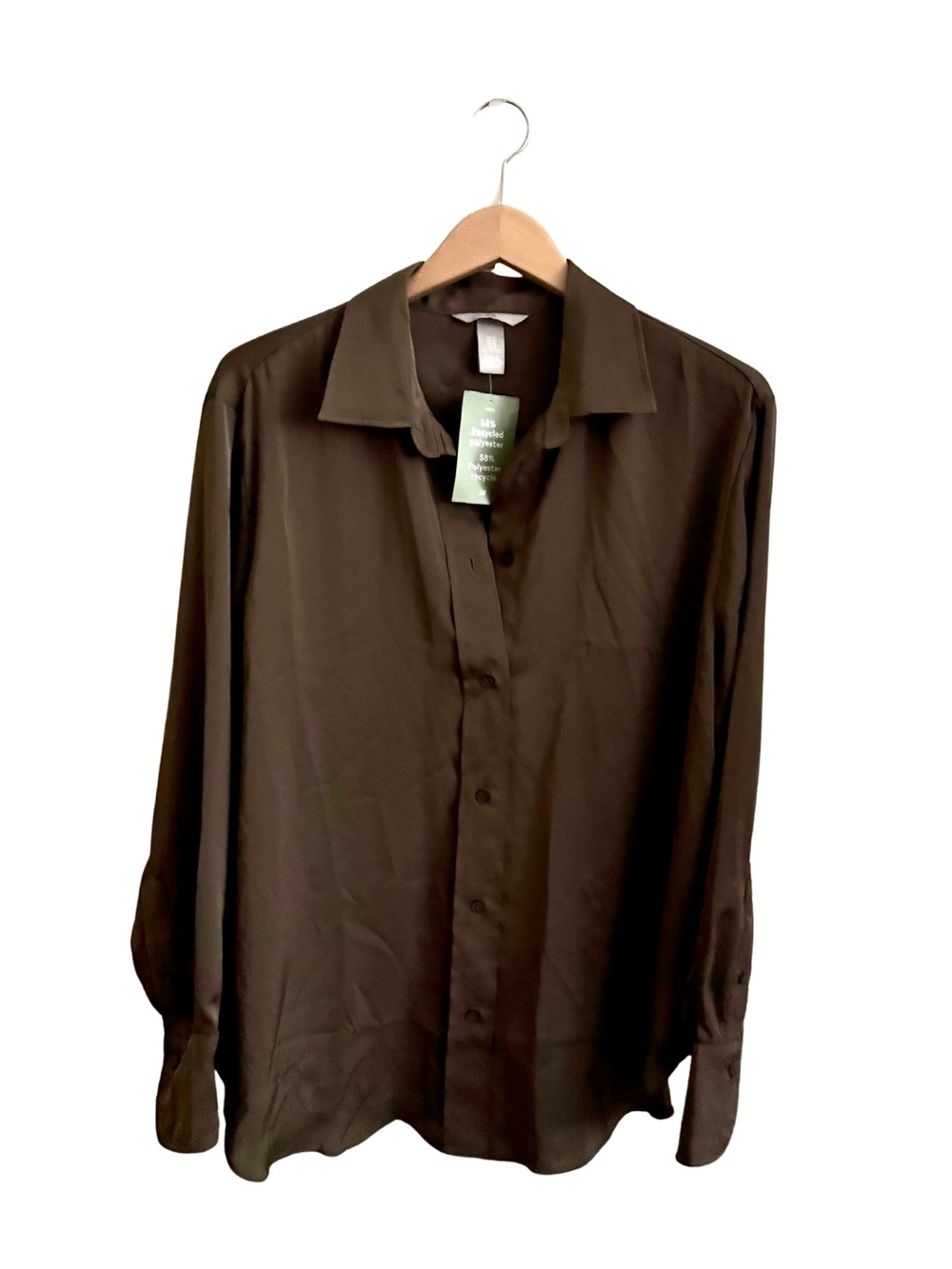 H&M Olive Green Silky Button Down Long Sleeve Shirt NWT Size Medium